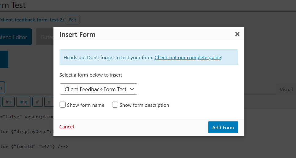 WPForms Classic Editor Insert Form