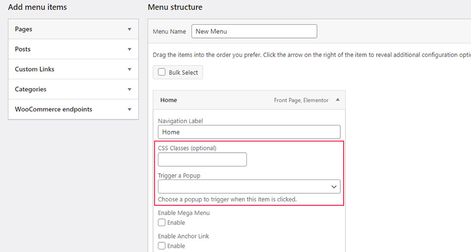Screen Options Popup Menu