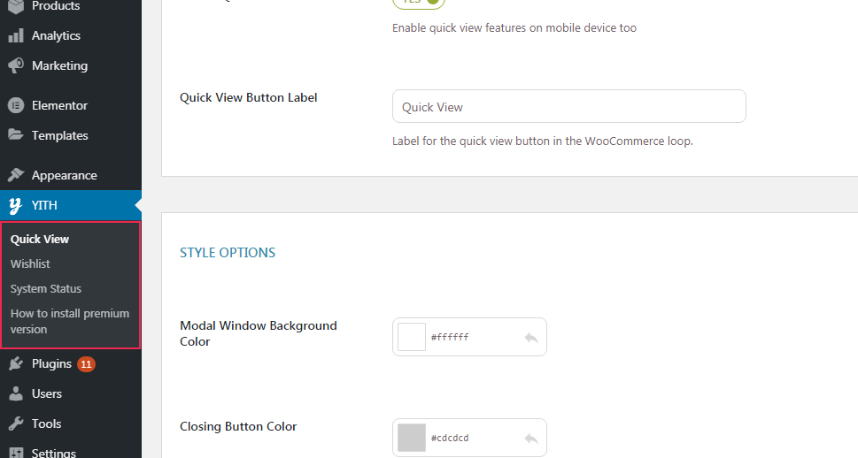 Quick View and Wishlist Admin Panel